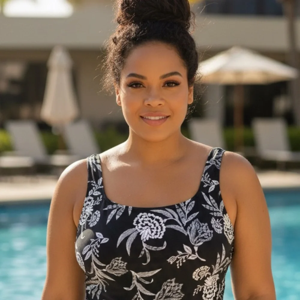Lands’ End Black White Floral One Piece Swimsuit 26W Square Neck Plus